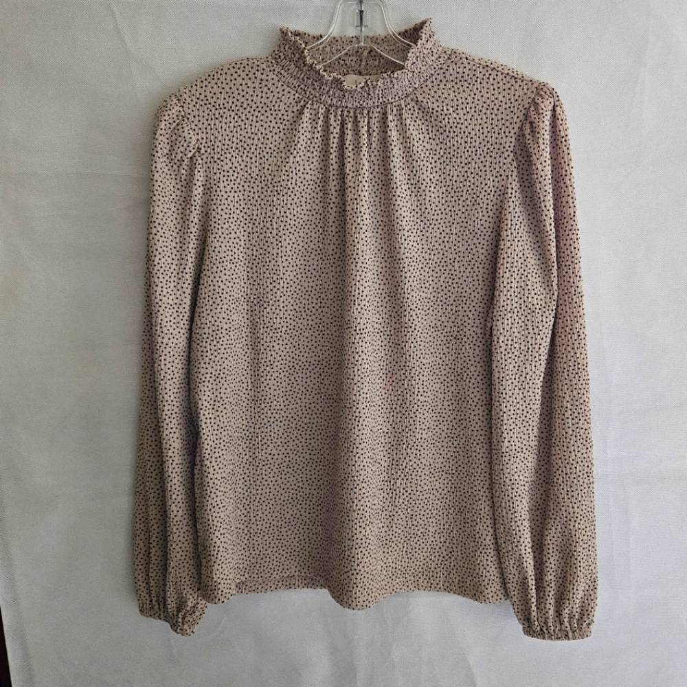 Loft Long Sleeve Beige Dot Smocked Neck M